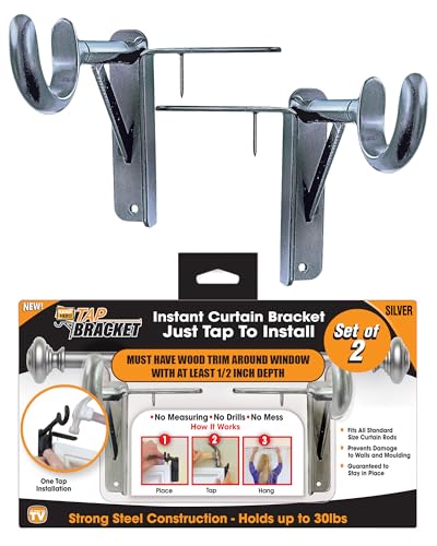 Spark Innovators Tap Curtain Rod Bracket Silver Set of 2 No Drill Curtain Rod Brackets Damage-Free Easy to Install | Fits 1.25 Rods Holds up to 30 lbs As Seen on TV Great Gift Idea for Moms