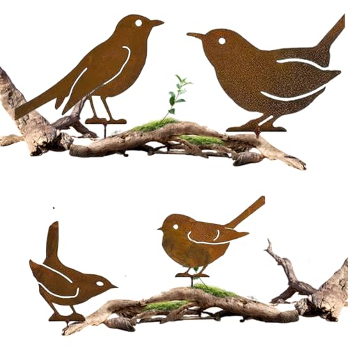 LUMOOM 4er Rost Vogel Gartendeko, Edelrost Metall Vogel Stecker für Draußen, Rostiges Vögel Deko, Rostoptik Gartenstecker, Baumstecker für Holz Zaunfiguren Garten Bäume Terrasse Balkon (Vogel A)