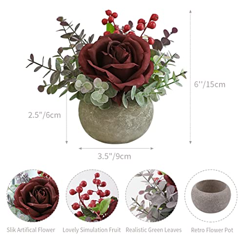 Rosscer Artificial Flowers Kit With Pot, Combination Of Fake Silk Burgundy Red Roses And Greenery,Small Plant Potted Decor For Offices,Bookshelf,Bedroom, Living Room,Party,Wedding Decorations… #TOP2