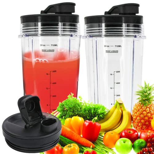 Replacement Blender Cups with Sip & Seal Lids, Ninja Blender Replacement Parts Compatible with BL480, BL490, BL640, BL680 for Nutri Ninja Auto IQ Series Blenders (24oz)