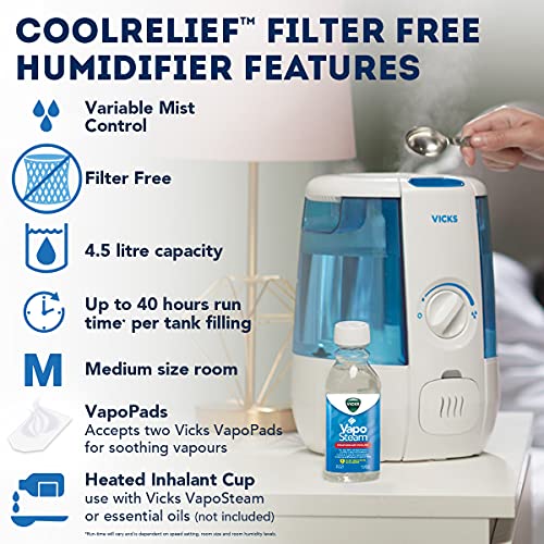 Vicks VUL600C CoolRelief Ultrasonic Cool Mist Humidifier, Medium Room Humidifier for Baby, Bedroom, Office Desk, with Variable Output Control, Scent Pad Slots, Inhalant Cup, Auto Shut-Off, 4.5L/1.2Gal by Vicks - Image 3