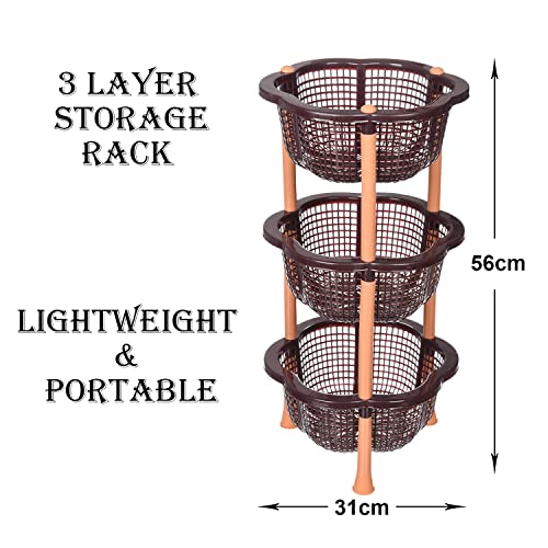 Kuber Industries Storage Basket | Plastic 3 Layer Kitchen Storage Basket | Storage Rack for Kitchen | Multi-Layer Vegetable Rack | Desire Floor-Standing Rack | Brown