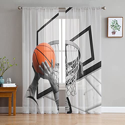 Orange Basketball Basket Dunk Sheer Curtains 63 Inch Length 2 Panels Set For Living Room/Bedroom, Grey Sky Backdrop Semi Curtain Sheers Drapes Rod Pocket Curtains Window Treatment Set 52X63X2 #TOP2
