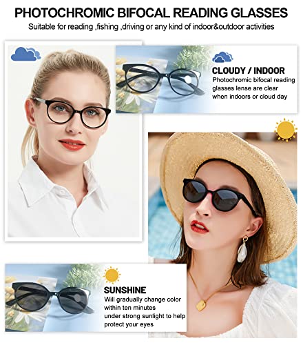 Image of OCCI CHIARI Photochromic Bifocal Reading Glasses Womens Round Blue Light Blocking Readers 1.0 1.5 2.0 2.5 3.0 3.5 4.0 (Black +150)