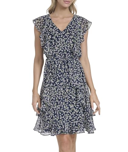 Image of Tommy Hilfiger Women's Sleeveless V-Neck Ruffle Trim Tie Waist Chiffon Mini Dress