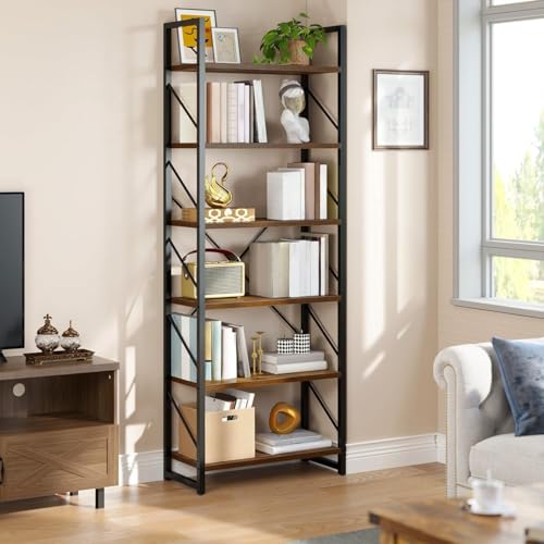 DWVO Industrial Book Shelf 6 Tier Bookshelf Tall Bookcase, Open Display Storage Rack Shelves for Living Room/Bedroom/Home/Office/Kitchen, Rustic Brown