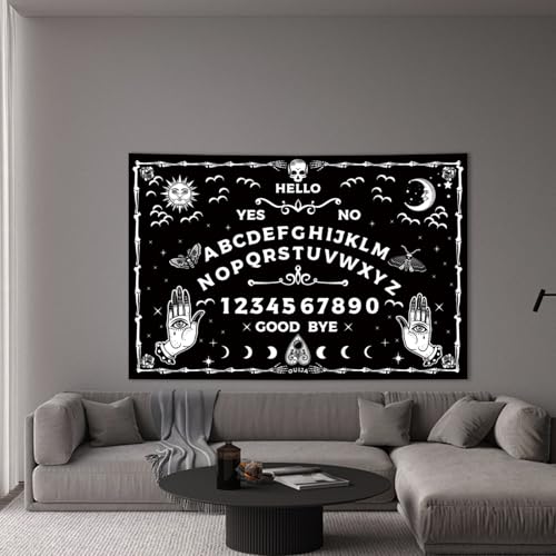 Honcet Gothic Ouija Board Black and White Tapestry, Tarot Horror Evil Eye Witch Sun Moon Skull Tapestry Wall Hanging, Spooky Mysterious Tapestry for Bedroom Living Room 24\" x 36 \" - Thumbnail 2