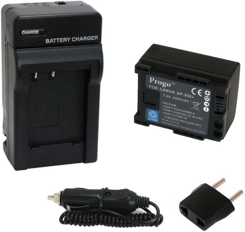 Progo Power Pack (One Li-Ion Rechargeable Battery and Pocket Travel AC/DC Wall Charger with Car Adapter & US to European plug) for Canon BP-808, Works on Canon FS10 FS11 FS100 FS21 FS22 FS200 FS31 FS300, VIXIA HF10 HF11 HF100 HF20 HF200 HF S10 S100 S20 S21 S200 HG20 HG21 HG30 M30 M31 M300 M40 M41 M400 and more.