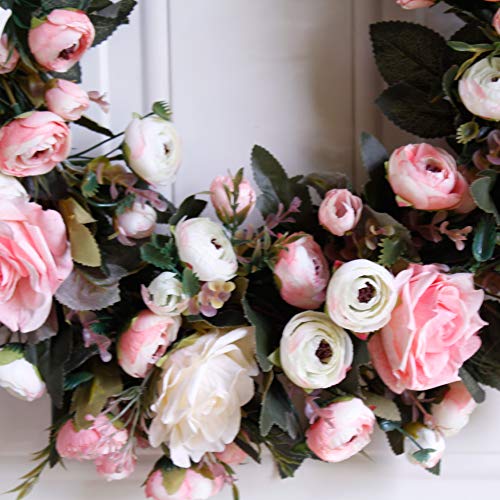 Wreath - 19”, Rose: Large Rustic Farmhouse Decorative Artificial Flower Wreath, Faux Floral Wreath For Front Door Window Wedding Outdoor Indoor - Round, Pink #TOP2