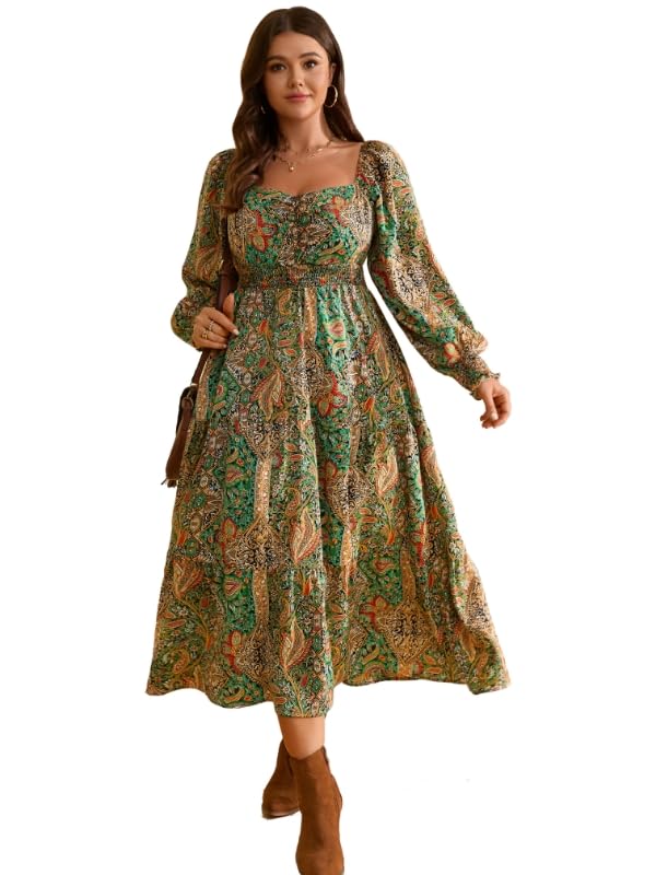 RWJ Women's Plus Size Paisley Maxi Dress Sweetheart Neck Elastic Long Sleeve Bohemian Flowy Fall Dresses