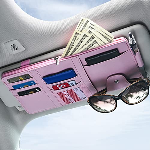 Pink Car Sun Visor Organizer, Sunglasses Holders for Car Sun Visor PU Auto Interior Accessories Storage Travel Document Holder with Multi Pocket