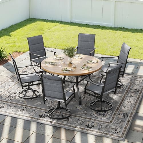 Image of Soohow 7-Piece Outdoor Dining Set, Round Patio Dining Table and Chairs Set for 6, 6 x Swivel Patio Chairs and 47 inch Dining Table with 1.57 inch Umbrella Hole, Wood-Like, Ideal for Poolside, Backyard, Deck