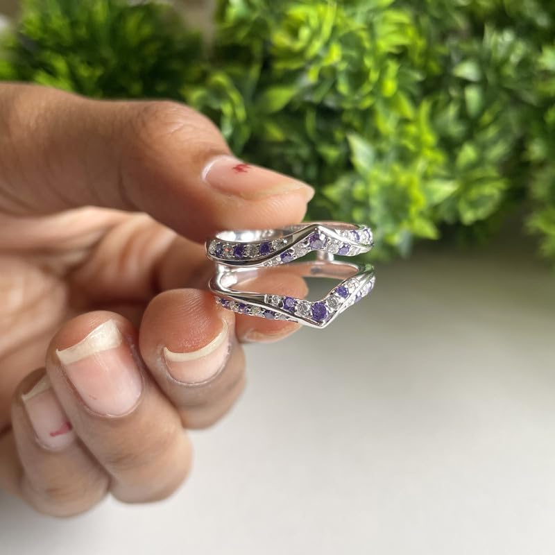 Purple Amethyst & White Diamond V Shaped Enhancer Guard For Women, 14k Gold Finish Amethyst Anniversary Wrap Ring, Anniversary Band