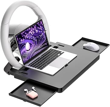 Car Laptop Mount for Mitsubishi Pajero Pickup variants, Steering Wheel Desk for Car Multi-Functional Car Food Tray with Side Drawers Road Trips & Office-On-The-Go