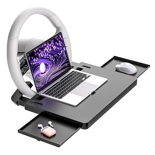 MWKHZIL Car Laptop Mount for Genesis G70 G80 GV60 GV80 G90 EQ900 G90L EQ900L, Steering Wheel Desk for Car Multi-Functional Car Food Tray with Side Drawers Road Trips & Office-On-The-Go