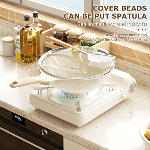 Nonstick Wok Pan With Lid, 12 Inch Non Stick Wok Stir Fry Pan With Ergonomic Handle And Unique Cover Beads, 100% Apeo And Pfoa Free Suit For Gas, Electric, Induction & Ceramic Stoves- Beige #TOP2