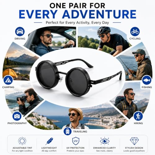 Image of Adjustable Tint Polarized Round Sunglass with Stepless Adjustable Sunglasses for Men,1-9 Gears Beach Sunglasses - Eyewear with Adjustable Lens.