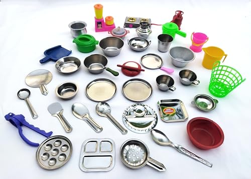 Image of 38 Pcs Miniature Kitchen Set for Kids Girls Boys,Kitchen Play Set,Stainless Steel Set,Toys for Girls,Prentend Play Toys Comes in a Zipper Pouch.