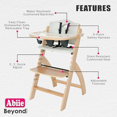 abiie beyond junior wooden high chair with tray - adjustable and convertible high chair for babies and toddlers - 6 months to 250 lb - water resistant - natural wooddove grey cushion