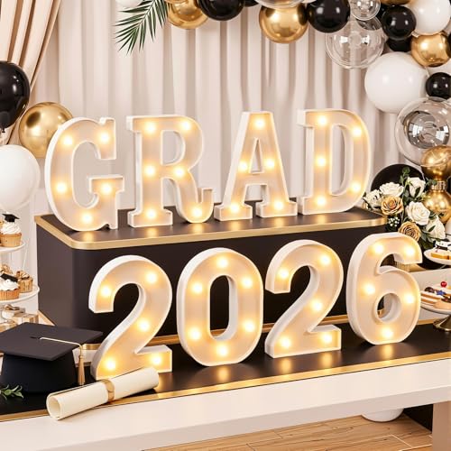 OLANRUN 2026 Graduation Decorations - 8 Pcs LED Marquee Light Up Letters GRAD 2026 for Table & Wall Class of 2026 Graduation Party Decor Supplies for Kindergarten Preschool High School College 6.2in