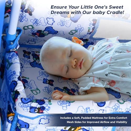 Image of BUBBLEBABY Baby Cradle | Jhula | Baggi | Palna | Ghodiyu | Ventilated | with Swing & Mosquito Net | 0-12 Months | Four Wheels with Brake | Storage | Polypropylene | Safe & Sturdy | Foldable | Blue