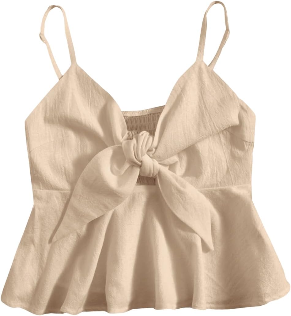 GORGLITTER Women's Ruffle Tie Knot Front Cami Peplum Top Strappy V Neck Smocked Camisole Small Beige