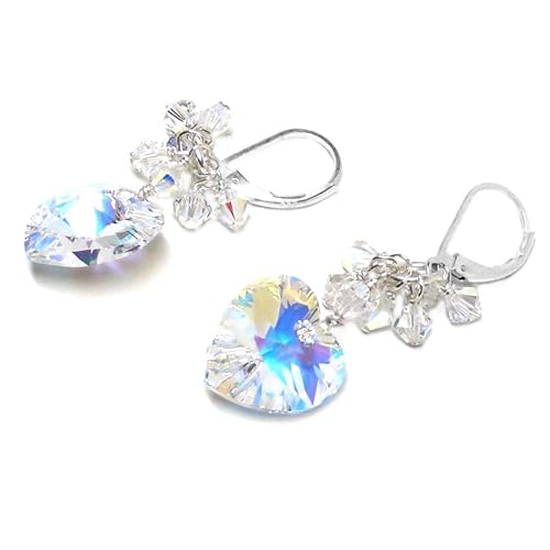 Miniatura 6 de 14x14mm Crystal Heart Clear AB Cluster Drop Earrings Sterling Silver or Gold-Filled