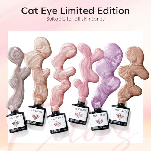 Image of modelones Cat Eye Gel Nail Polish 6 Colors Nude Pink Brown Purple Cat Eye Nail Polish Glitter Semi-transparent Holographic 9D With Magnet Pastel All Seasons Soak Off Led Nail Art DIY Salon Gifts