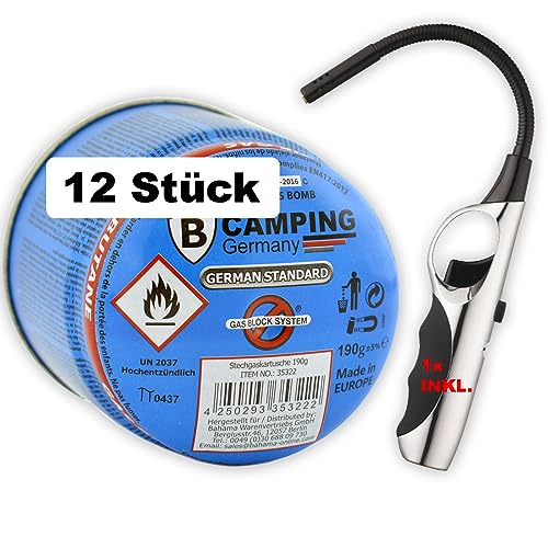 36x 190g Universal Butan-Gas-Kartusche Stechkartusche für Gaskocher Lötlampe Campingkocher Lötbrenner Campinglampe Bunsenbrenner Shisha-Kohlenanzünder mit Gas-Stop-System, inkl. 1x Feuerzeug