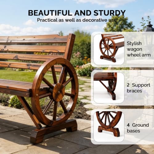 Image of VINGLI Rustic Wooden Wheel Bench Outdoor Bench, Patio Bench Wagon Slatted Seat, Garden Benches for Outdoors 350lbs High Capacity, Weather Resistance (Rustic, 55in)