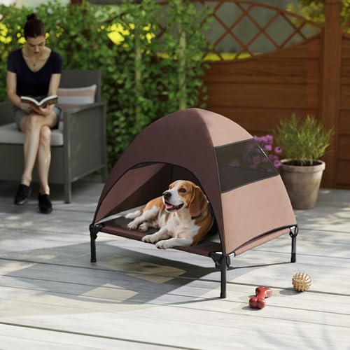 PawHut Hundeliege Outdoor mit Dach, Erhöhtes Hundebett für Mittelgroße Hunde, Kühlendes Haustierliege mit Waschbares Mesh Stahlrahmen Tragtasche, Haustierbett für Draußen Camping 76x61x71cm, Kaffee