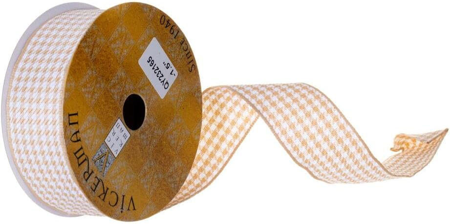 Vickerman 1.5" x 10 Yard Tan and White Houndstooth Ribbon.