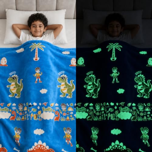 Image of Famyo GlowMaxx Glow Blanket for Kids - Rexy the Dino | Kids Blanket 0-15 Yrs | 200x152 cm Double Bed Blanket | Soft Flannel Blankets for Winter | Lab-Tested & Safe, (Blue)