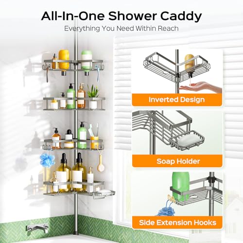 Image of HAMITOR Shower Organizer Tension Pole: 4 Tier L-Shaped Corner Bath Shelf | Rustproof Corner Caddy with Soap Holder & Hooks, No-drill Adjustable Bathroom Rack for Apartment, Small Spaces, 47-123In