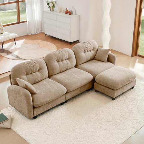 Image of KEIKI 107 inch L-Shaped Oversized Chenille Modular Sectional Sofa with 1 Ottoman, High-Density Foam Cushions, Tufted Pleated Cushion Backrest, Modern 3-Seater Couch with 2 Pillow, for Living Room, Camel