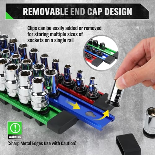 Image of 6-piece Socket Organizer Storage Set, 1 /4-Inch, 3 /8-Inch, 1 /2-Inch Double Sided Aluminum Alloy Socket Holder Rail, Drive Socket Trays Holds 108 Sockets, 360 Swivel Clip Socket Holder Kit for Tool Box