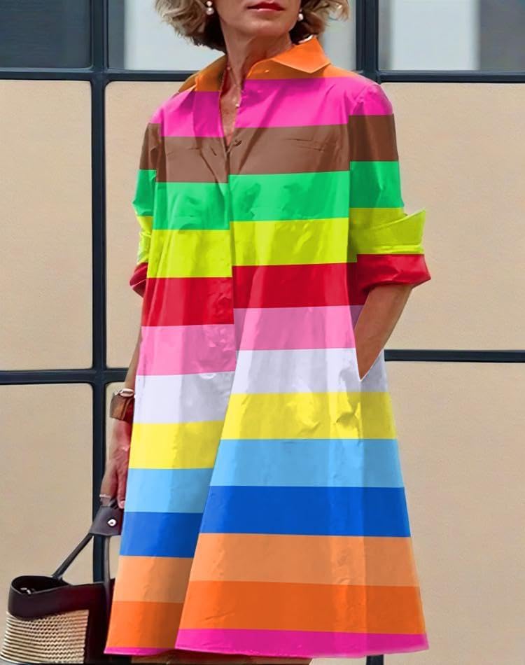 Womens 2025 Long Sleeve Button Down Shirt Summer Dress Casual V Neck Loose Fit Midi Shirt Dresses with Pockets - Image 4