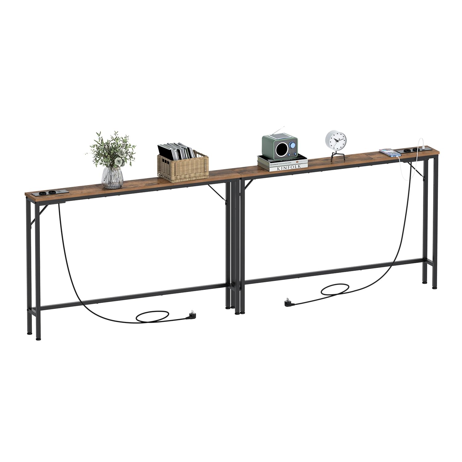 VEDECASA 2 Sets 5,9" Konsolentisch mit Steckdose & USB-Anschlüssen Schmaler Flurtisch Beistelltisch Eingangstisch Sofatisch Sideboard für Eingang Wohnzimmer Flur Büro Stabiles Stahlgestell Industrie