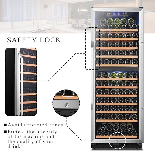 Lanbo Wine Cooler Refrigerator, 24 Inch 141 Bottle Dual Zone Wine Cellar with Safety Lock and Wood Shelves