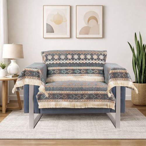 Image of Elegant Woven Grey Sofa Cover - Soft Chenille Traditional Pattern with Lace Style | L-Shape Sectional Seat Protector for Living Room | Durable & Stylish Slipcover 1 Seater with Arms