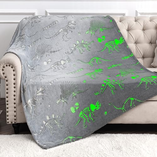 Image of Dinosaur Toys for Kids 3-5 Glow in The Dark Blanket Dinosaur Blanket Dino World Christmas Birthday Easter Gifts for 2 3 4 5 6 7 8 Year Old Boy Girls Toddler Gray Glowing Dinosaurs Room Decor 50 inchx60 inch