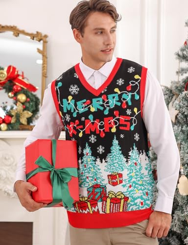RAISEVERN Ugly Christmas Sweater Vest Mens Funny Knitted V-Neck Jumper Holiday 5
