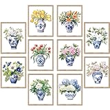 TRAMIN 10pcs Chinoiserie Decor, Chinoiserie Wall Art Prints, Chinese Blue and White Ginger Jar, Blue White Porcelain Vase, Chinoiserie Artwork Flower Picture for Home Bedroom Decorations (8x10 UNFRAMED)