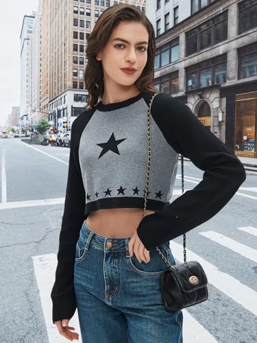 Women Cropped Sweater Long Sleeve Crewneck Knit Pullover Star Sweaters Trendy Winter Cute Casual Tops4