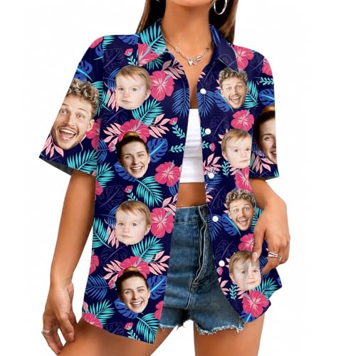Custom Hawaiian Shirt with Face for Men, Unisex Tropical Beach Shirts Personalized Casual Funny Hawaii Button Down Shirts (Purple-W)