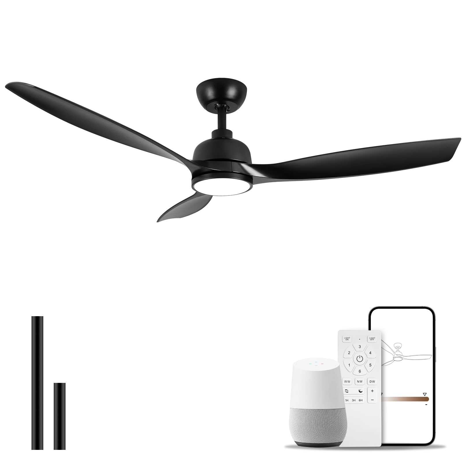 52 Inch Ceiling Fan with Light, Black Ceiling Fan with Remote, Reversible Motor, 3-Color Temperature, 6 Speeds, Modern Ceiling Fan with Light and Remote for Patios, Bedroom