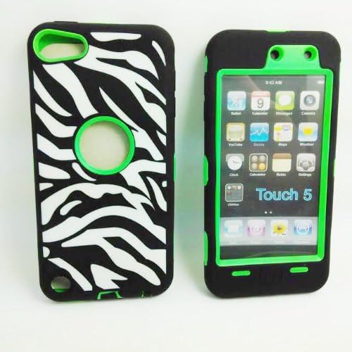 DELUXE Wave Pattern Hybrid Rubber Silicone Cover Case For iPod Touch 5 5th 5G, Wavy Line Print Hard Soft High Impact Hybrid Armor Case Combo for iPod Touch 5 5th Generation, Hybrid 3 PIECE Body Armor PROTECT CASE COVER SKIN FOR IPOD TOUCH 5 5TH. (Black+Green)
