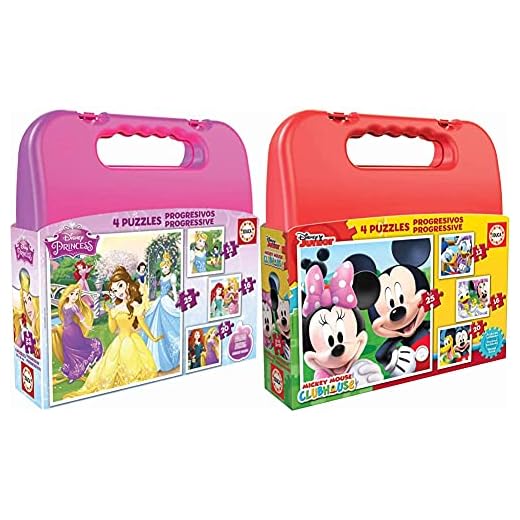 Educa Princesas Disney Maleta, Conjunto De Puzzles Progresivos, Multicolor (16508) + Mickey Mouse Maleta con Puzzles Progresivos, Multicolor (16505)
