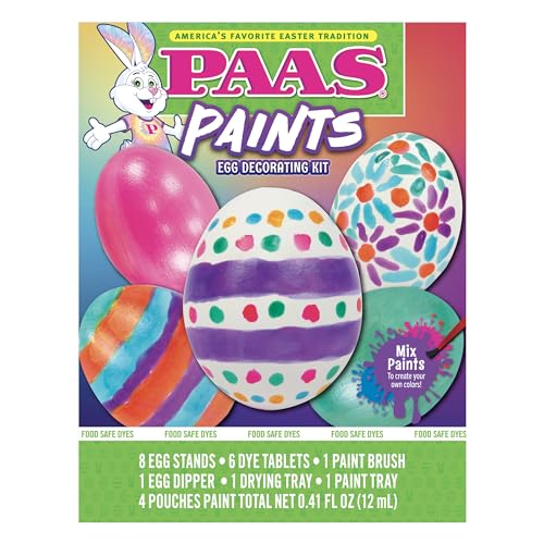 PAAS Paints Egg Decorating Kit: Mix Paints to Make Your Own Colors - Includes Egg Stands, Food Safe Dye Tablets, Paint Brush, Egg Dipper, Drying Tray, Paint Tray, Paint Pouches - No Mess Easter Kit!