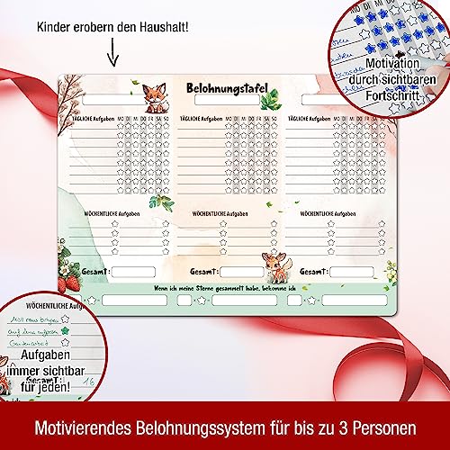 TOBJA XL Belohnungstafel Kinder A3 - Motiviert Kinder spielerisch zum Erfolg! | Belohnungstafel Kinder ab 3 bis 10 Jahre | Belohnungssystem magnetisch inkl. 4 Bunte Markenstifte